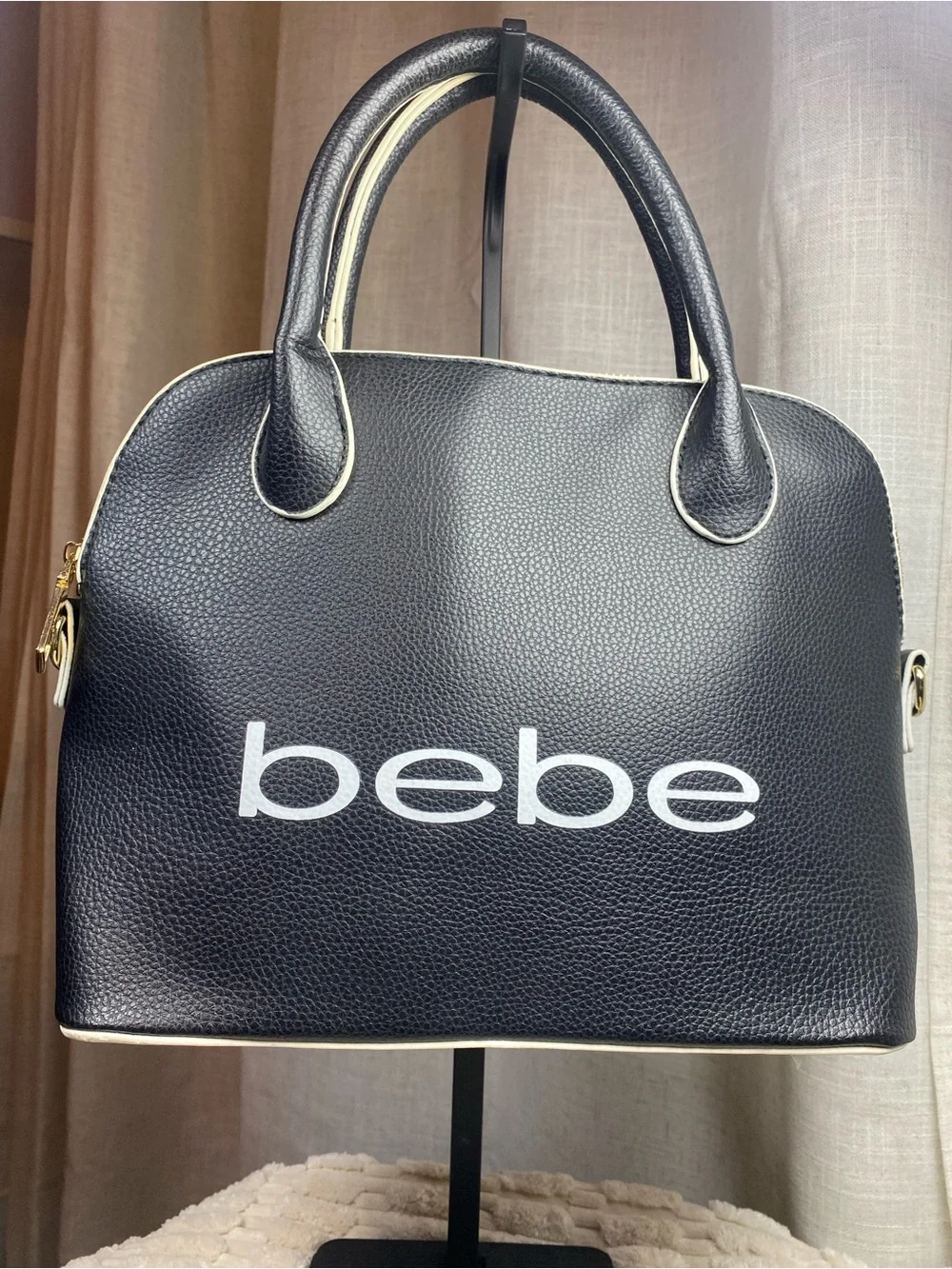 Bebe Fabiola Stamped Dome Satchel Black Faux Leather Purse Handbag EUC